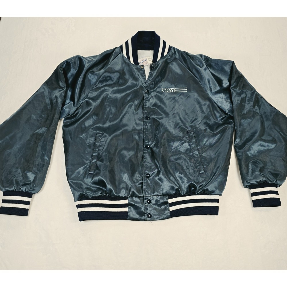 Vintage Four Seasons TWA Airline Satin Bomber Jacket Mens Large Blue Made in USA